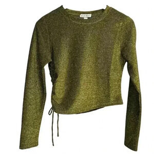 Derek Heart Gold Sparkly Long Sleeve Cropped Top Side Ruching Women Size Medium